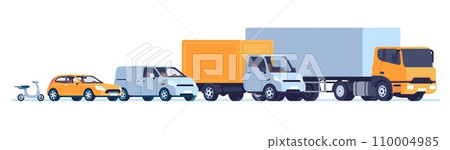 Motor vehicles from mopeds to cargo trucks. Different cars. Hatchback sedan or scooter. Freight lorry with container or trailer. City road transportation. Automobile traffic. Vector concept 110004985