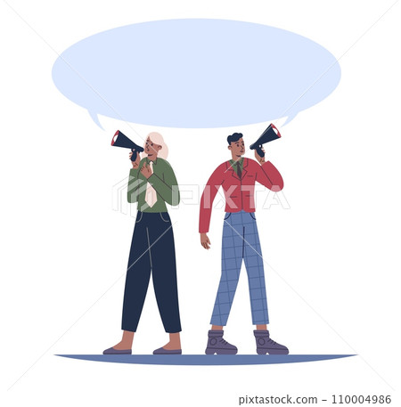 Man and woman shouting into megaphone. People with speech bubble. Promotion announcement. Public speakers message frame. Couple holding loudspeaker. Protest demonstration. Vector concept 110004986