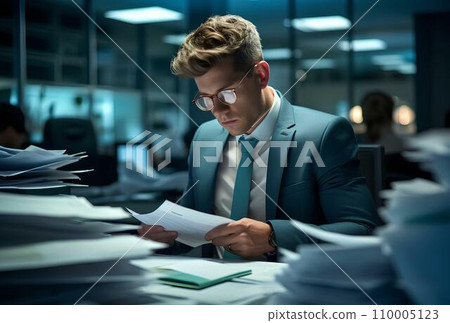 Serious businessman wearing glasses reading documents while sitting at table in office 110005123