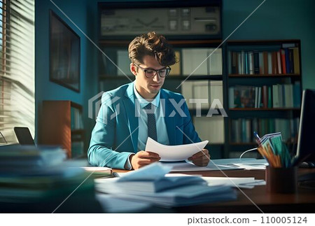 Serious businessman wearing glasses reading documents while sitting at table in office 110005124