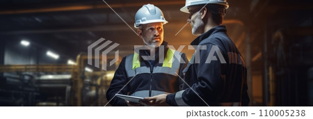 Engineer and worker use tablet Engineer and worker use tablet 110005238