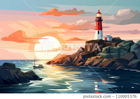 Lighthouse on a rocky shore in the waves of the ocean 110005376