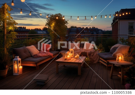 Terrace with sofa and lights and table lamps 110005386