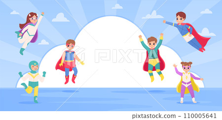 Superhero children poster. Kids wear super costumes and flying. Childish banner design with empty white space, cartoon snugly vector template Superhero children poster. Kids wear super costumes and flying. Childish banner design with empty white space, cartoon snugly vector template 110005641