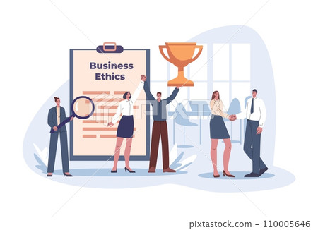 Corporate ethics in office. Happy business partners or managers handshake. Successful teamwork, company laws and standards kicky vector scene Corporate ethics in office. Happy business partners or managers handshake. Successful teamwork, company laws and standards kicky vector scene 110005646