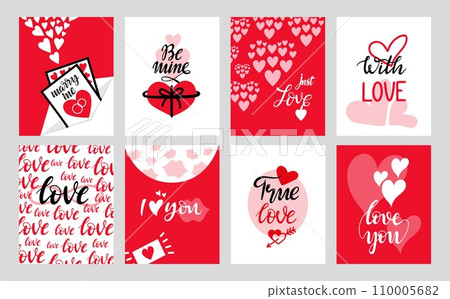 Valentines day cards. Romantic banners, card with hand drawn lettering and hearts. Love messages, married or relationship neoteric vector designs 110005682