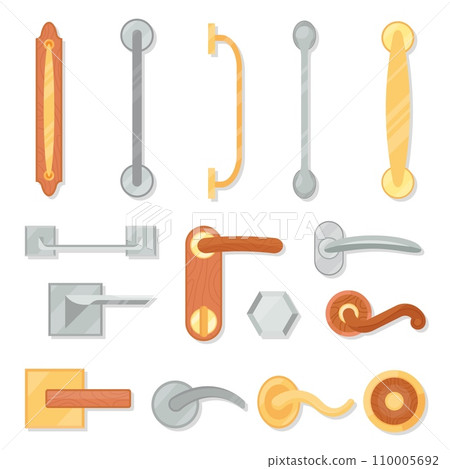 Cartoon door handles. Isolated flat knobs and handle of doors. Accessories for decor and renovation house, wooden and metallic decent vector icons set 110005692