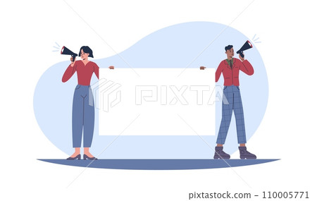Business people with megaphones and white banner in hands. Promotion announcement. Speakers message frame. Social demonstration. Couple showing placard. Activist protest. Vector concept Business people with megaphones and white banner in hands. Promotion announcement. Speakers message frame. Social demonstration. Couple showing placard. Activist protest. Vector concept 110005771