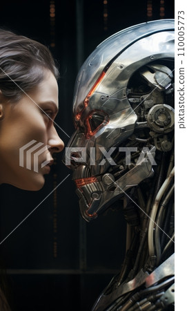 Man and humanoid robot looking at each other Man and humanoid robot looking at each other 110005773