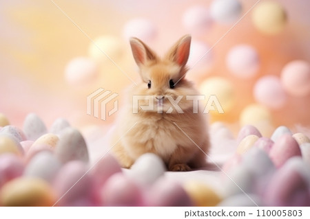 Easter bunny among pastel Easter eggs 110005803