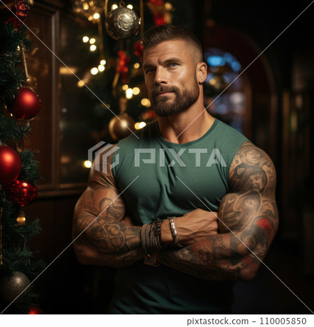 A bodybuilder's flexed arm with a Christmas tattoo, against a backdrop of green festive decorations, showcasing a blend of fitness and holiday spirit A bodybuilder's flexed arm with a Christmas tattoo, against a backdrop of green festive decorations, showcasing a blend of fitness and holiday spirit 110005850