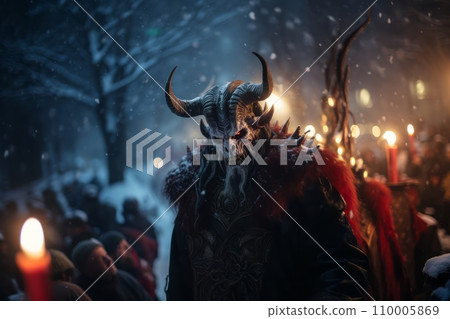 Artistic close-up of Krampus's face, focusing on his glowing eyes and gnarled horns, a blurred backdrop of winter night adds to the eerie legend Artistic close-up of Krampus's face, focusing on his glowing eyes and gnarled horns, a blurred backdrop of winter night adds to the eerie legend 110005869