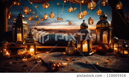 Festive New Year celebration in Arabian style, featuring traditional lanterns, intricate carpets, and a backdrop of desert dunes under starry skies Festive New Year celebration in Arabian style, featuring traditional lanterns, intricate carpets, and a backdrop of desert dunes under starry skies 110005916