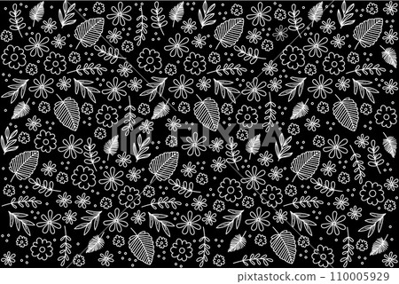 Illustration white line of the flower with leaves on black background. 110005929