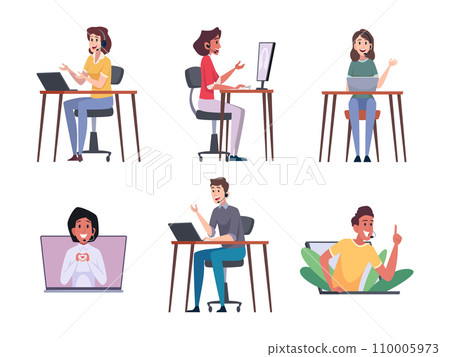Call center. People in online customer service support working and talking virtual help exact vector cartoon illustrations Call center. People in online customer service support working and talking virtual help exact vector cartoon illustrations 110005973