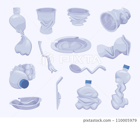 Recycling bottles. Plastic broken containers for water and food exact vector empty crushed bottles 110005979