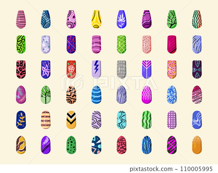 Nails decoration. Painted female nails different decorative pictures templates recent vector prints for interesting manicure Nails decoration. Painted female nails different decorative pictures templates recent vector prints for interesting manicure 110005995