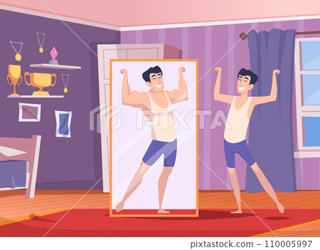 Man see in mirror. Thin man self view and seeing strong body 110005997