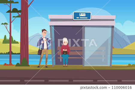 Bus station. People waiting urban transport. Vector cartoon background Bus station. People waiting urban transport. Vector cartoon background 110006016