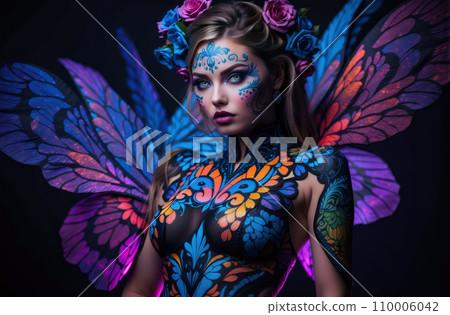 A stunningly radiant girl with ultraviolet body art, her skin illuminates under the vibrant, neon glow of ultraviolet light. A stunningly radiant girl with ultraviolet body art, her skin illuminates under the vibrant, neon glow of ultraviolet light. 110006042