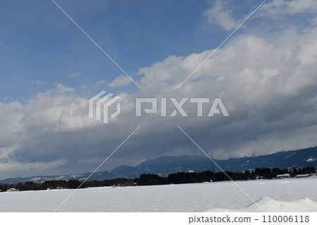 Landscape looking at the huge clouds covering the mountains under the blue sky Landscape looking at the huge clouds covering the mountains under the blue sky 110006118