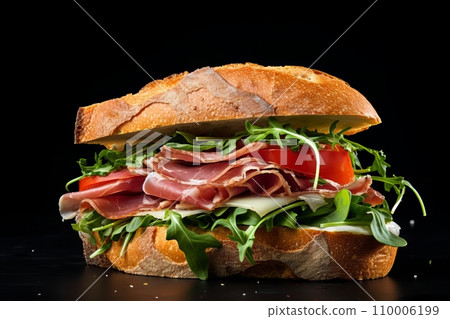 AI-generated content. sandwich with Parma ham, cheese and arugula on fresh crusty bread 110006199