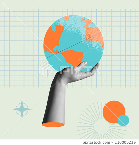Human hand holding earth globe in collage retro style vector illustration 110006239