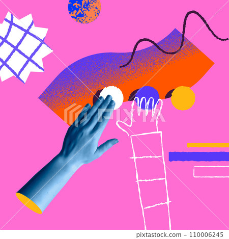 Solidarity and diversity human hands in retro collage vector illustration 110006245
