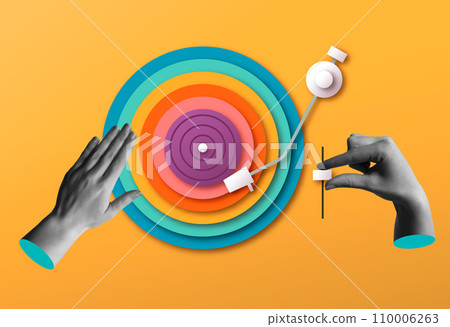 Dj hands mixing music with color vinyl record in retro collage vector 110006263