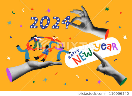 Happy New Year 2024 people dancing and hands in retro collage style 110006340