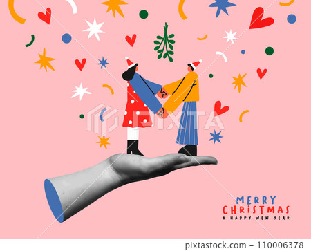 Christmas couple under mistletoe in collage retro style vector illustration 110006378