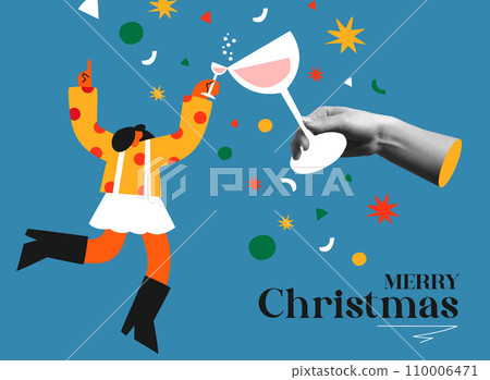 Cheers toast for christmas and new year in collage mixed media style illustration Cheers toast for christmas and new year in collage mixed media style illustration 110006471
