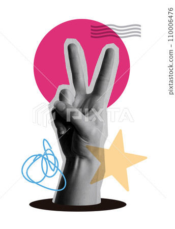 Hand showing victory sign in retro collage illustration design Hand showing victory sign in retro collage illustration design 110006476