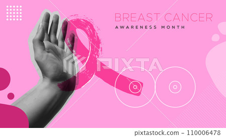 Breast cancer pink ribbon and hand gesture protect in collage illustration design 110006478