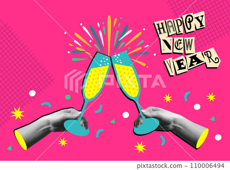 Cheers toast for new year in collage mixed media 90s style illustration 110006494