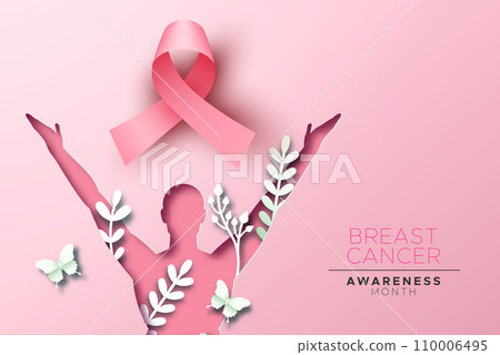 Breast cancer pink ribbon and people papercut concept card 110006495