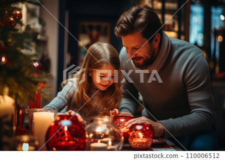 Lifestyle shot of a family celebrating Saint Nicholas Day, decorating their home with seasonal ornaments and lighting a candle, cozy and inviting atmosphere 110006512