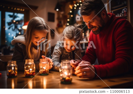 Lifestyle shot of a family celebrating Saint Nicholas Day, decorating their home with seasonal ornaments and lighting a candle, cozy and inviting atmosphere 110006513