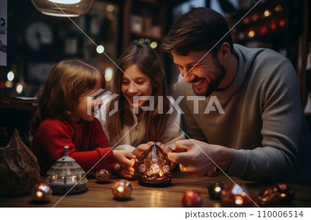Lifestyle shot of a family celebrating Saint Nicholas Day, decorating their home with seasonal ornaments and lighting a candle, cozy and inviting atmosphere 110006514