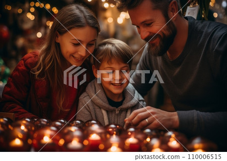 Lifestyle shot of a family celebrating Saint Nicholas Day, decorating their home with seasonal ornaments and lighting a candle, cozy and inviting atmosphere 110006515