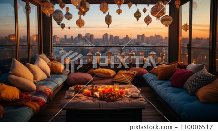 A rooftop New Year's celebration in Arabian style, overlooking a city skyline, with colorful lanterns, cushions 110006517