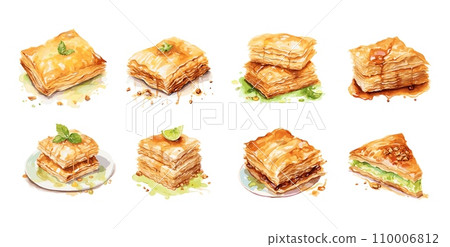 AI-generated content. Sweet baklava watercolor elements. Oriental dessert, greek bulgarian turkish cuisine. Pastry with pistachio and honey syrup, vector collection AI-generated content. Sweet baklava watercolor elements. Oriental dessert, greek bulgarian turkish cuisine. Pastry with pistachio and honey syrup, vector collection 110006812