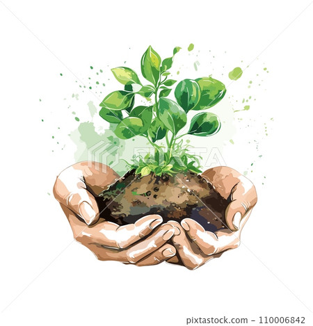 AI-generated content. Pile of earth in hands, a small green sprout grows. Human holding new life, eco concept. Gardener with plant, support and care vector scene 110006842