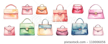AI-generated content. Female fashion purse. Watercolor handbags icons, isolated purses and bags set. Stylish women accessories, vector collection AI-generated content. Female fashion purse. Watercolor handbags icons, isolated purses and bags set. Stylish women accessories, vector collection 110006856