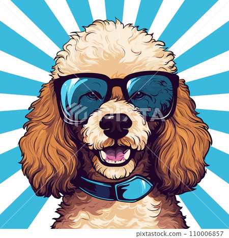 AI-generated content. Fashion poodle portrait. Happy curly dog wear sunglasses, stylish puppy. Abstract animal character poster, funny vector retro background AI-generated content. Fashion poodle portrait. Happy curly dog wear sunglasses, stylish puppy. Abstract animal character poster, funny vector retro background 110006857