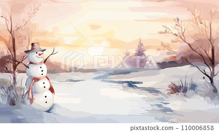AI-generated content. Early spring landscape with melting snowman on snowy meadow. Morning or evening frozen time, good bye winter, vector watercolor style background 110006858