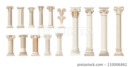 AI-generated content. Classic ancient white columns. Isolated column greek and romanian style. Decorative architecture elements, vector collection AI-generated content. Classic ancient white columns. Isolated column greek and romanian style. Decorative architecture elements, vector collection 110006862
