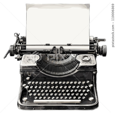 AI-generated content. Vintage typewriter with blank paper sheet sketch. Ancient technical messages printing writer machine isolated black drawing on white background 110006869