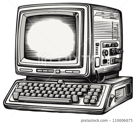 AI-generated content. Retro computer sketch. Computers history object engraving vector illustration, old keyboarded calculating machine electronics vintage style equipment AI-generated content. Retro computer sketch. Computers history object engraving vector illustration, old keyboarded calculating machine electronics vintage style equipment 110006875