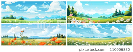 AI-generated content. Meadow backgrounds. Natural beautiful fields cartoon landscapes, field sky flowers clouds in blue sky countryside valley scenery set 110006880